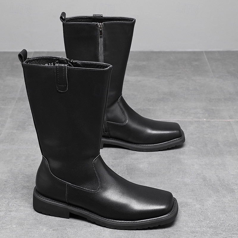 Men's Black Faux Leather Work Riding Boots – Durable Mid-Calf Cowboy Boots with Sturdy Sole for Outdoor, Farm and Everyday Wear3