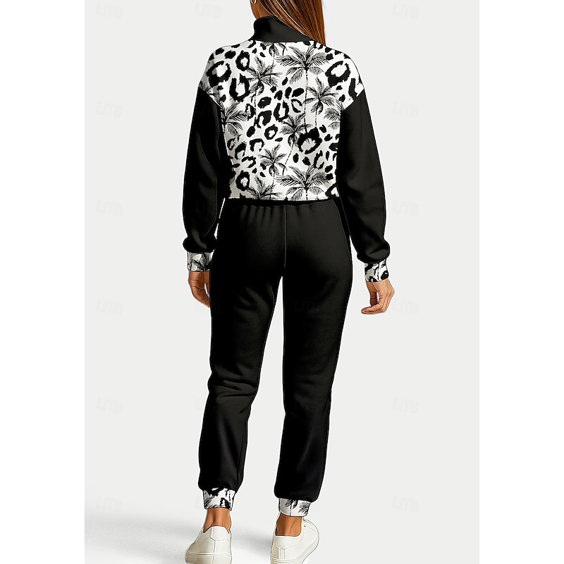 Women's Sweatshirt Tracksuit 2 Piece Tracksuit Drawstring Zip Up Floral Clothing Suit Fall Black Vocation Outdoor Travel Lightweight Fashion Long Sleeve Sport Activewear Stretchy Regular Fit2