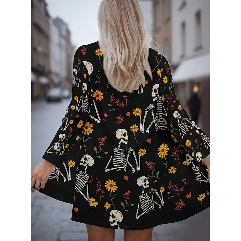 Halloween Women's Coat Lightweight Comfortable Skulls Print Vintage Artistic Casual Skull Casual Short Collarless Regular Fit Long Sleeve Outerwear Black Light Grey Dark Grey Spring Fall3