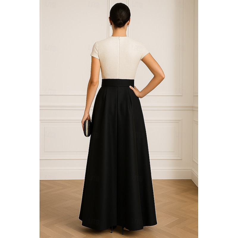 Black and White Gold Sequined A-Line Evening Gown Elegant Dress Formal Wedding Floor Length Short Sleeve V Neck Pocket Satin with Glitter 20252