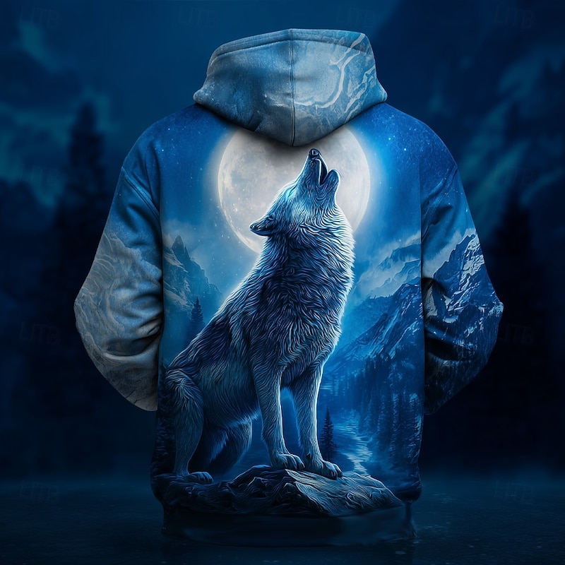 Men's Wolf Hoodie Sweatshirt 3D Fantasy Crew Neck Party Gift Club Blue 2# Blue Drawstring Fall Winter Designer