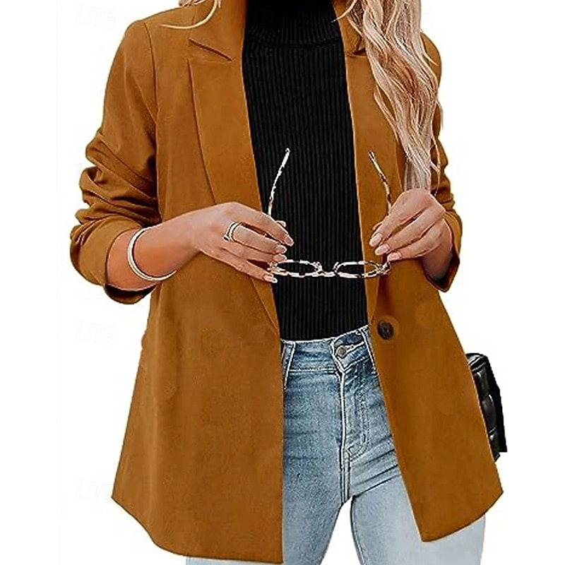 Women's Blazer Comfortable Buttons Elegant Fashion Outdoor Plain Going out Casual Daily Weekend Cardigan Regular Lapel Regular Fit Long Sleeve Outerwear Black Red Brown Spring Fall4