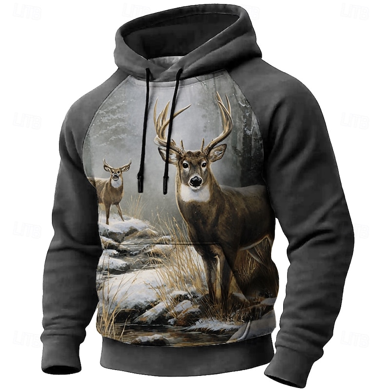 Men's Deer Hoodie Sweatshirt 3D Hunting Hooded Outdoor Sports Outdoor Black Brown Raglan Sleeves Fall Winter Designer3