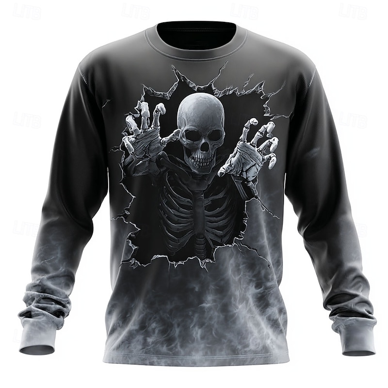 Halloween Men's Grim Reaper 3D T Shirt Long Sleeve T shirt 3D Print Crew Neck Shirt Fashion Exaggerated Street Casual Daily Purple Green Gray Summer Spring Fall Clothing Apparel S M L XL XXL XXXL