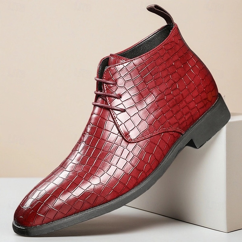 Men's Red Crocodile Pattern Faux Leather Ankle Boots – Fashion Lace-Up Dress Shoes for Parties, Nightlife and Special Occasions