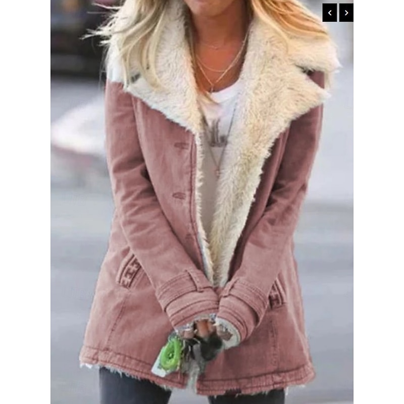 Women's Teddy Coat Casual Jacket Comfortable Breathable Pocket Buttons Casual Plain Vacation Street Casual Daily Wear Single Breasted Regular Turndown Regular Fit Long Sleeve Outerwear Black Pink