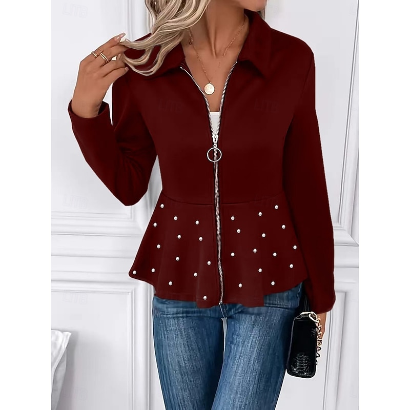 Women's Casual Jacket Comfortable Breathable Zipper Casual Plain Vacation Street Casual Daily Wear Zipper Short Turndown Regular Fit Long Sleeve Outerwear Silver Black Wine Spring Fall