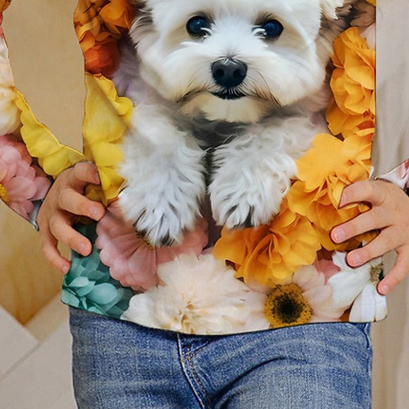 Girls' 3D Floral Dog T shirt Tee Long Sleeve Spring Fall Fashion Basic Kids 4-12 Years Crew Neck Outdoor Casual Daily Regular Fit3