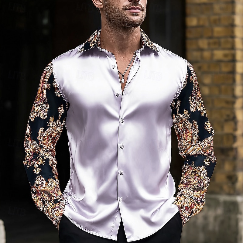 Men's Ethnic Intricate Floral Flowers Shirt Satin Shirt Dress Shirt Long Sleeve Vintage Retro Vacation Dailywear Summer Spring Fall Turndown 3D Print Button Up Shirts White 1 White White 22