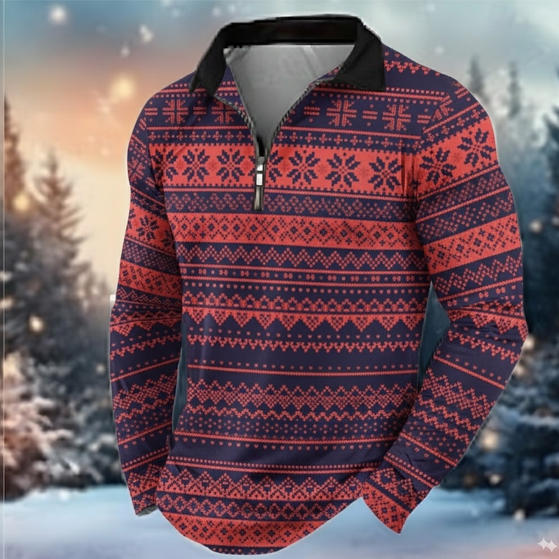 Christmas Men's Snowflake Polo Long Sleeve Turndown Modern Leisure Casual Daily Festival Zipper 3D Print Spring Fall Winter Green Red Gray - Main Image
