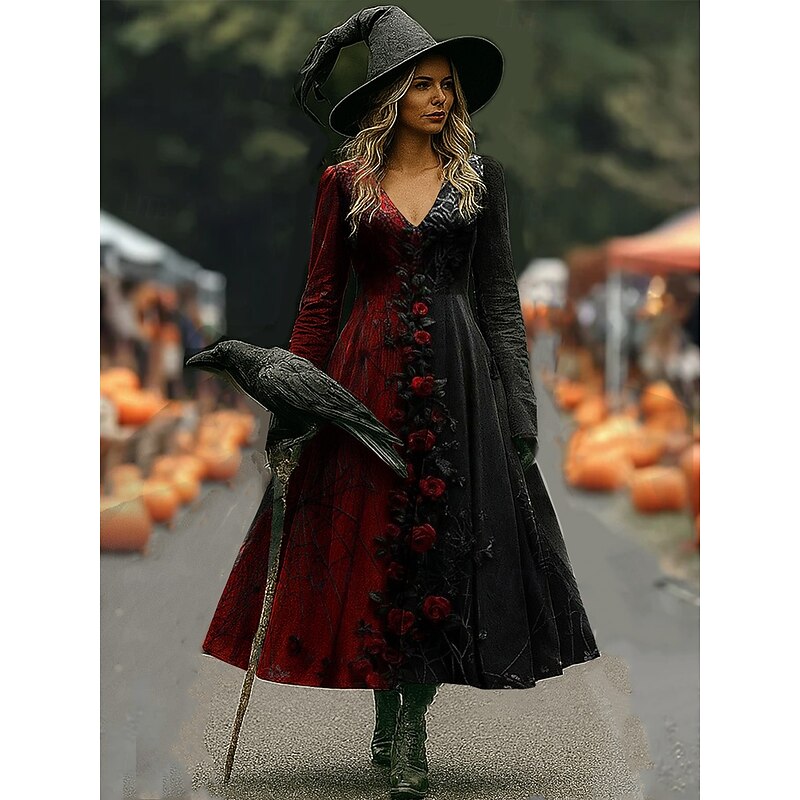 Halloween Women's Maxi Dress A Line Dress Vacation Casual Boho Beach Regular Fit Floral Graphic Long Sleeve V Neck Black Dark Red Wine Red Spring Fall3