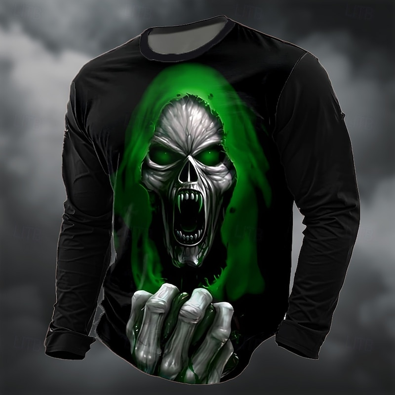 Halloween Men's Grim Reaper 3D T Shirt Long Sleeve T shirt 3D Print Crew Neck Shirt Fashion Exaggerated Street Casual Daily Red Green Summer Spring Fall Clothing Apparel S M L XL XXL XXXL2
