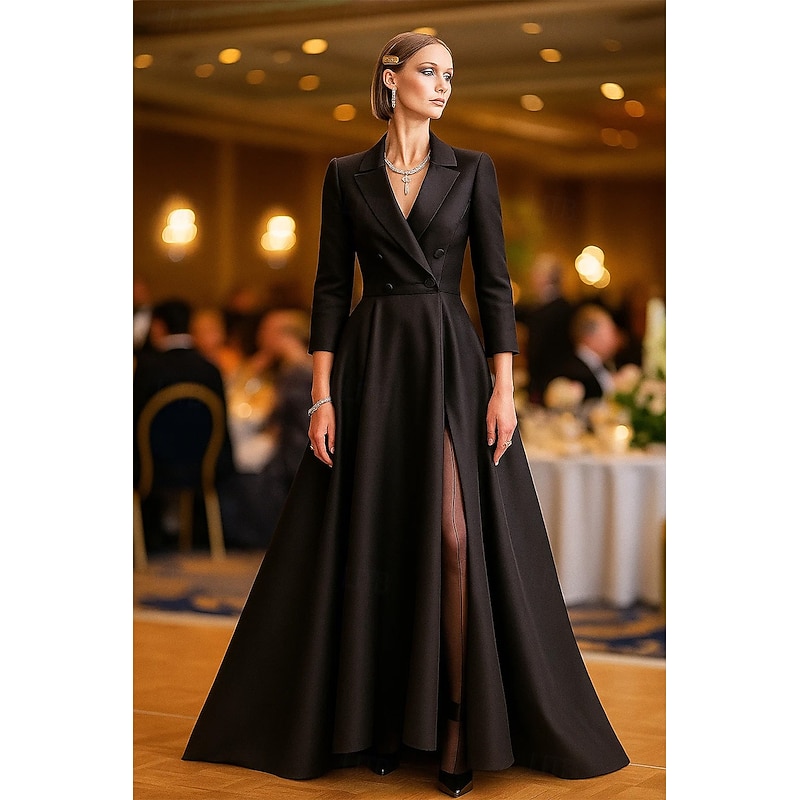 Tuxedo Dress A-Line Formal Wedding Guest Stretch Satin Elegant Celebrity Style 3/4 Sleeve Pleated Floor Length Notched Lapel Double Breasted2