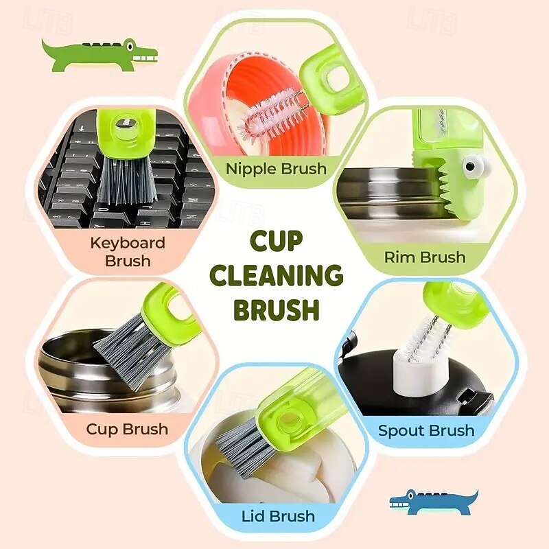 3 Pack 3-in-1 Crocodile Brush – Deep Cleaning for Narrow Cup Lids, Bottle Grooves, and Tableware Gaps, Durable Bristles, Portable Kitchen Cleaning Tool for Home and Office3