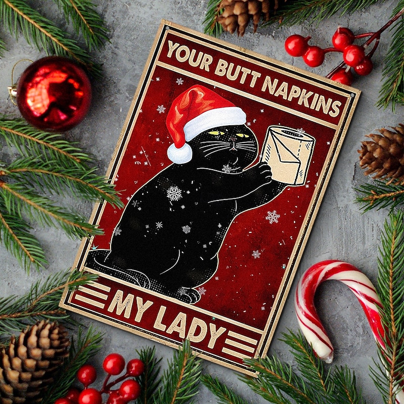 Christmas Wooden Black Cat Hanging Sign, Rectangular Xmas Cat Decoration, Colorful Printed Wooden Sign for Room, Home Décor or Holiday Christmas Decorations