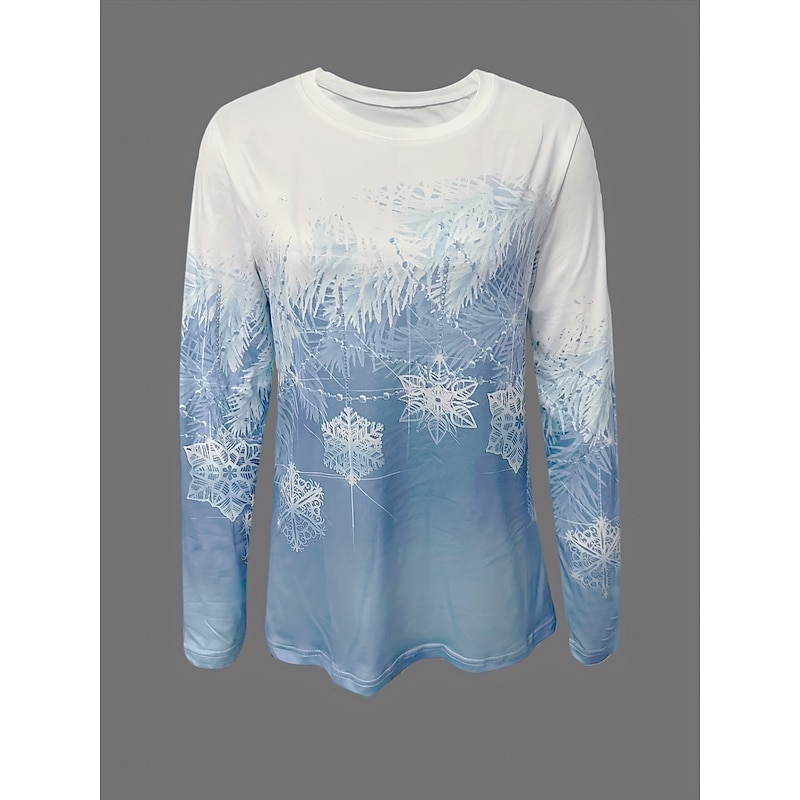 Christmas Women's T Shirt Graphic Snowflake Vintage Fashion Stylish Long Sleeve Crew Neck Regular Tops Daily Weekend Print Blue Spring Fall Winter2