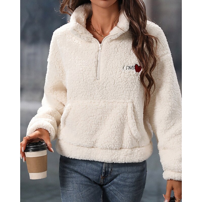 Women's Fleece Lined Pullover Sweatshirt Pajamas Pullover Sweatshirt Plain Casual Long Sleeve Turtleneck Regular Tops Street Holiday Going out Half Zipper Quarter Zipper Zipper Pocket Black White4