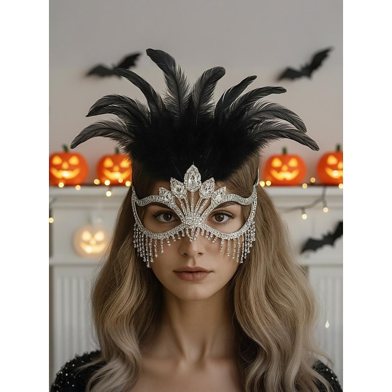 Women's Gatsby Feather Masquerade Mask with Rhinestones - Elegant Costume Accessory for Halloween Party, Cocktail Event and 1920s Themed Ball3