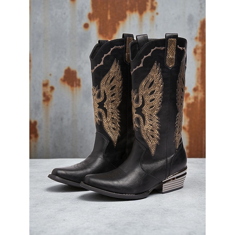 Women's Black / Gold Faux Leather Cowboy Boots with Gold Eagle Embroidery – Western Style Mid Calf Riding Boots for Country Concerts and Festivals2