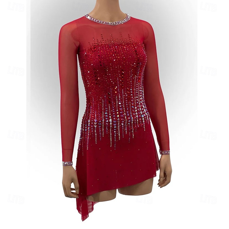 Figure Skating Dress Women's Girls' Ice Skating Dress Patchwork Asymmetric Hem High Elasticity Training Competition Skating Wear Classic Crystal / Rhinestone Long SleeveIce Skating Figure4