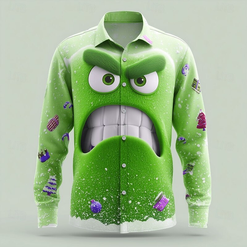 Christmas Men's 3D Cartoon Smile Face Christmas Gift Shirt Button Up Shirt Long Sleeve Funny Outdoor Holiday Spring Fall Turndown 3D Print Collared Shirts Red Blue Purple Green2