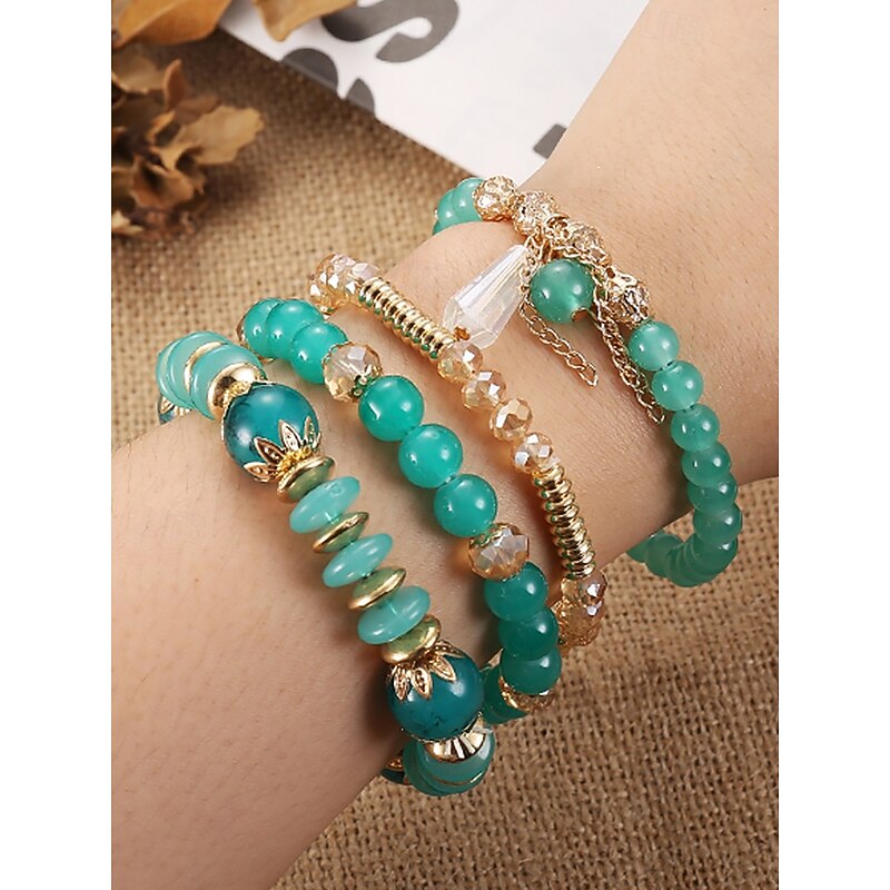 Women's Faux Crystal Beaded Bracelet Set with Gold Accents, Boho Layered Stretch Bangles Jewelry for Parties, Weddings and Everyday Wear2