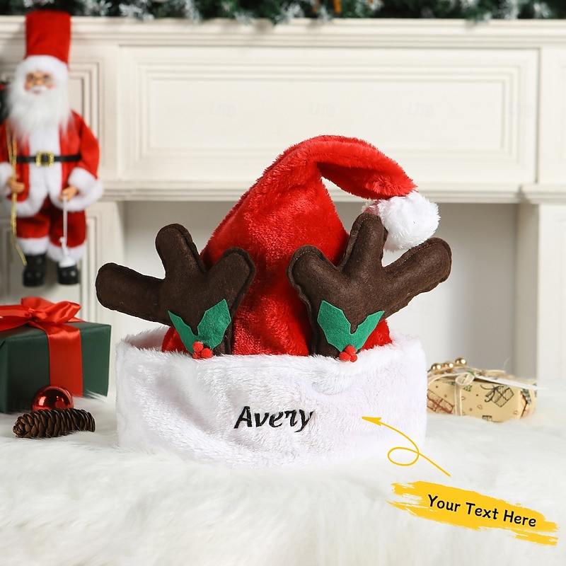 Personalized Embroidered Name Christmas Hat with Reindeer Antlers, Unisex Holiday Plush Santa Hat for Kids and Adults, Fun Party Decoration and Gift2