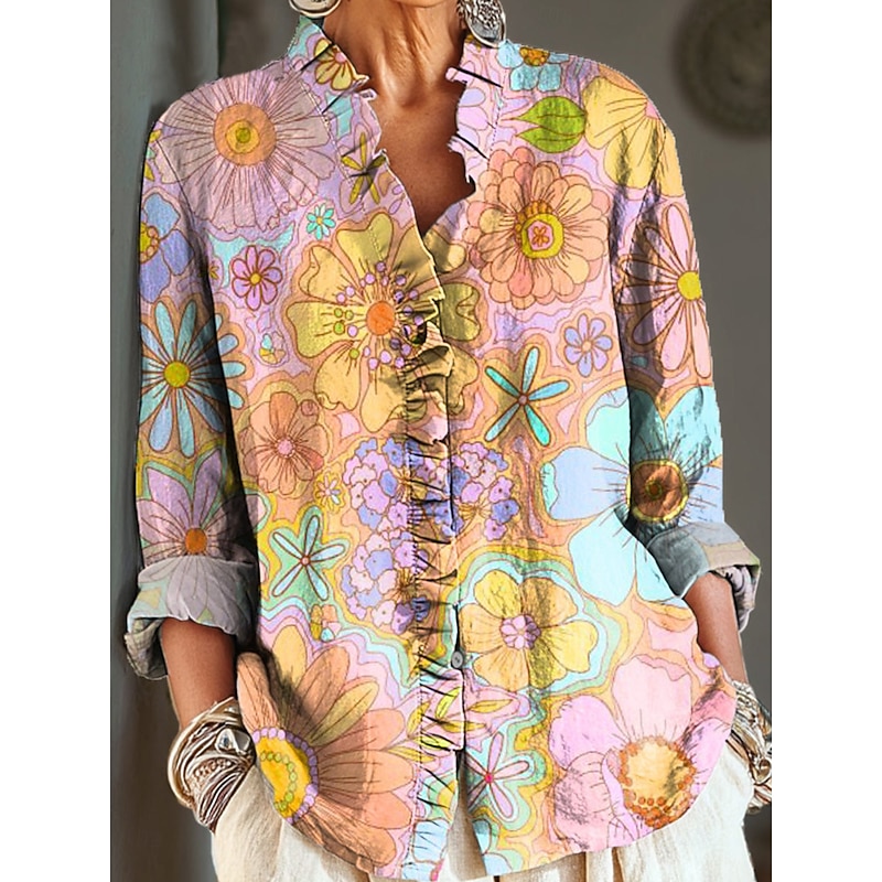 Women's Boho Shirt Floral Graphic Elegant Vintage Daily Long Sleeve V Neck Regular Tops Work Daily Holiday Ruched Ruffle Pink Red Blue Dusty Blue Green Spring Fall2