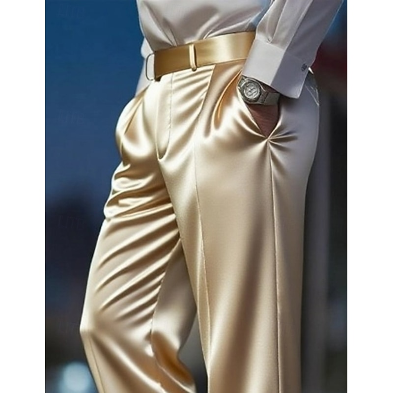 Men's Trousers Dress Pants Silk Like Satin Pants Suit Pants Pocket Straight Leg Plain Breathable Full Length Wedding Party Business Fashion Streetwear Black White Inelastic2