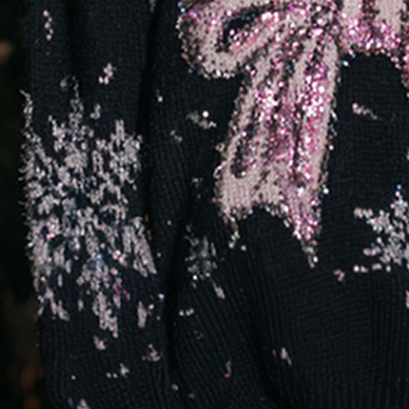 Women's Sweater Pullover Daily Casual Snowflakes Ribbed Crew Neck Knitted Print Long Sleeve Regular Tops Knit Outdoor Weekend Black Fall Winter4