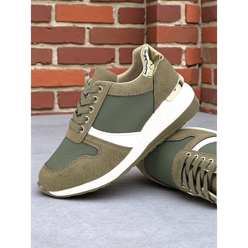 Women's Army Green Lace-Up Wedge Sneakers with Gold Accents – Casual Walking Shoes for Sporty Street Style