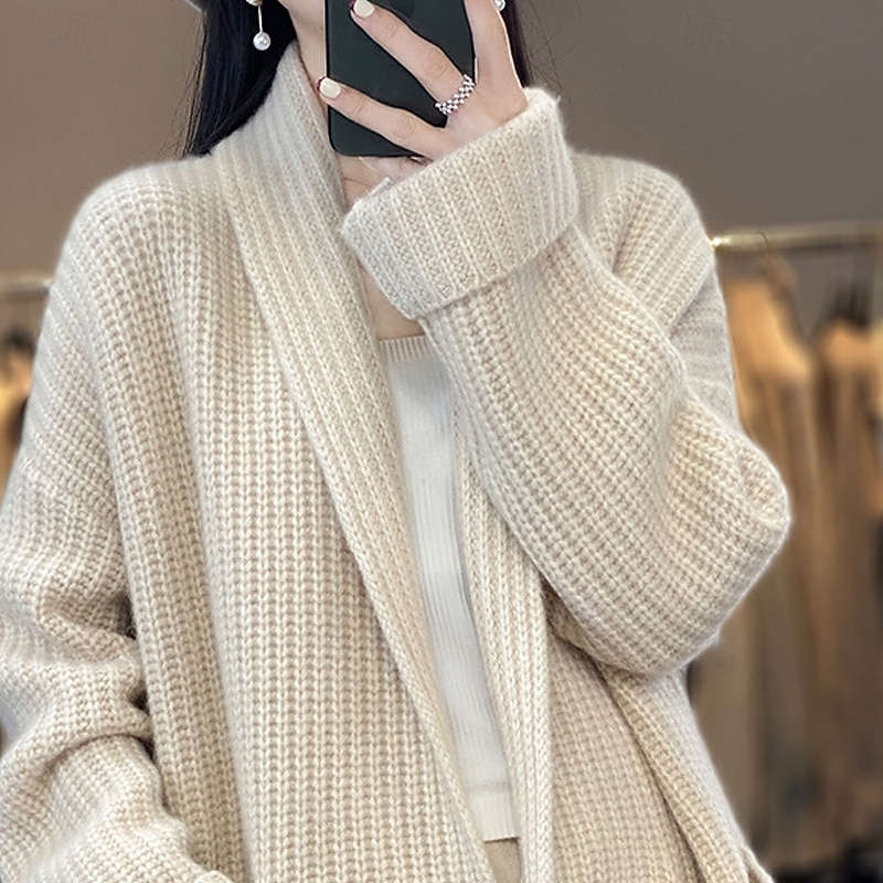 Women's Sweater Cardigan Streetwear Casual Solid Color Shirt Collar Pocket Knitted Long Sleeve Long Tops Knit Holiday Going out Weekend Camel Beige Fall Winter2