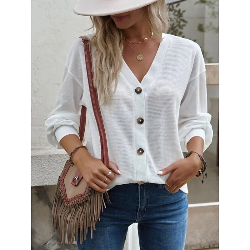 Women's Blouse Solid Color Stylish Casual Long Sleeve V Neck Regular Tops Daily Buttons Black White Army Green Blue Khaki Spring Fall Winter4