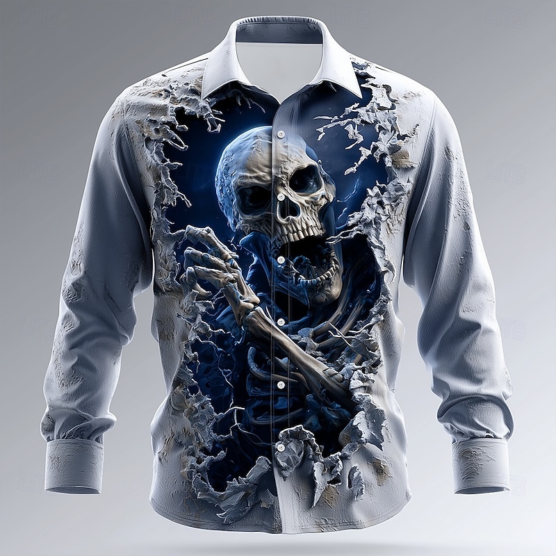 Halloween Men's Skull Horror Cracked Wall Shirt Button Up Shirt Long Sleeve Dark Gothic Style Holiday Streetwear Spring Fall Turndown 3D Print Collared Shirts Blue Dark Blue