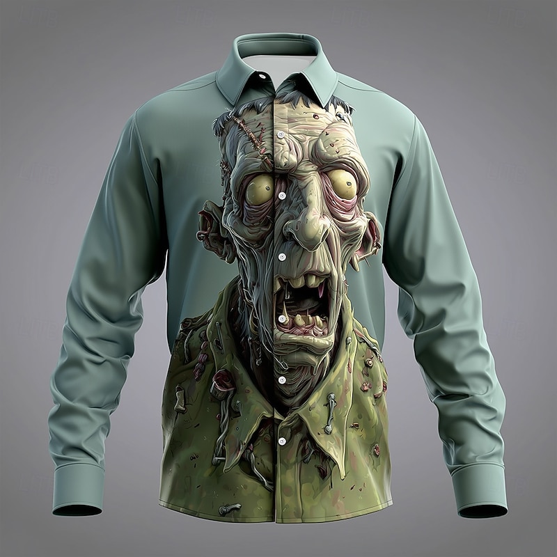 Halloween Men's Zombies Horror Shirt Button Up Shirt Long Sleeve Dark Gothic Style Holiday Streetwear Spring Fall Turndown 3D Print Collared Shirts Blue 1# Blue2