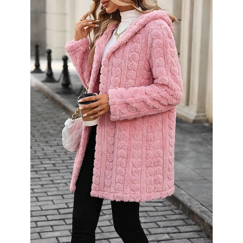 Women's Winter Coat Fleece Jacket Comfortable Breathable Open Front Casual Plain Vacation Street Casual Daily Wear Single Breasted Long Hooded Regular Fit Long Sleeve Outerwear Pink Spring Fall3