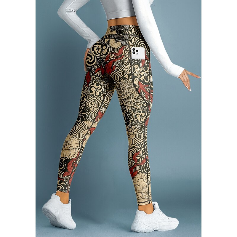 Women's pilates leggings fitness pants Gym Leggings Pockets Stamp Duty Side Pockets Pilates Gym Gym Workout Pants Tights Leggings Animal Patterned Boho Red Sports Activewear Stretchy Tight Fit3