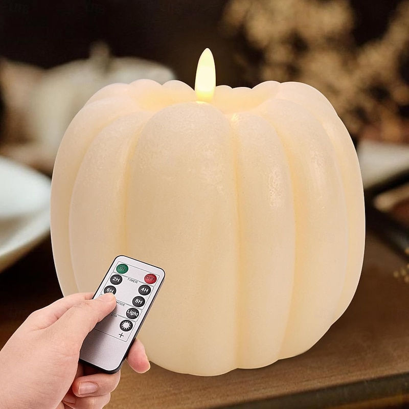 Autumn Pumpkin LED Electronic Flashing Flameless Candle Light Halloween Thanksgiving Indoor Party Desktop Decoration Light Pendant Light 8 Function Timer Remote Control AAA Battery Box Prop 5.3 * 4.9"4