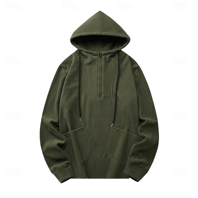 Men's Hoodie Polar Fleece Quarter Zip Hoodie Black Army Green Gray Hooded Plain Drawstring Quarter Zip Sports & Outdoor Daily Holiday Polyester Streetwear Basic Casual Fall Winter Clothing Apparel2