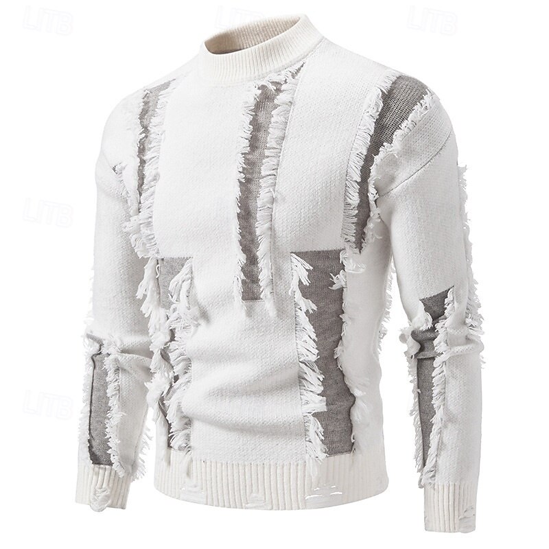 Men's Sweater Pullover Sweater Jumper Distressed Sweater Ribbed Knit Regular Tops Knitted Slim Fit Plain High Neck Knitwear Contemporary Casual Daily Wear Clothing Apparel Fall Black White M L XL