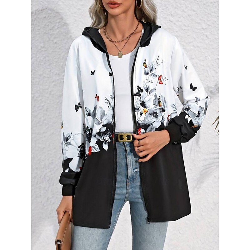 Women's Casual Jacket Hoodie Jacket Comfortable Breathable Zipper Pocket Print Casual Floral Vacation Street Daily Wear Going out Zipper Regular Hooded Regular Fit Long Sleeve Outerwear Black Wine2
