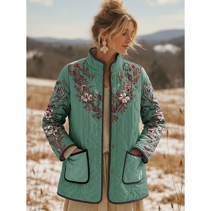 Women's Winter Jacket Quilted Jacket Warm Lightweight Print Active Vintage Cute Artistic Floral Casual Regular Stand Collar Regular Fit Long Sleeve Outerwear Blue Purple Green Fall Winter3
