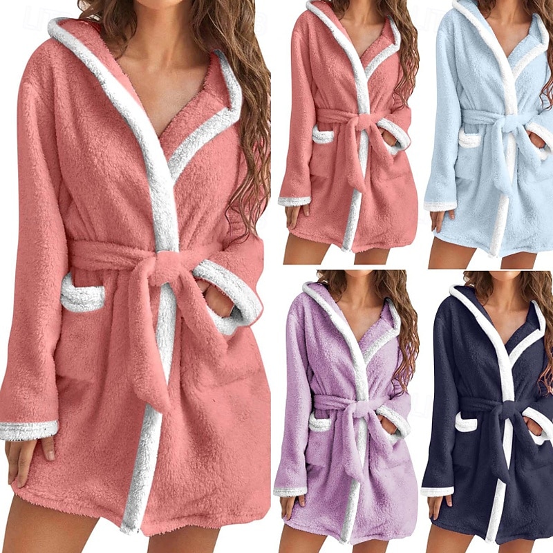 Women's Loungewear Robe Warm Casual Comfort Patchwork Patchwork Vacation Home Daily Long Sleeve Lapel Black Pink Wine Navy Blue Purple Winter Regular Fit