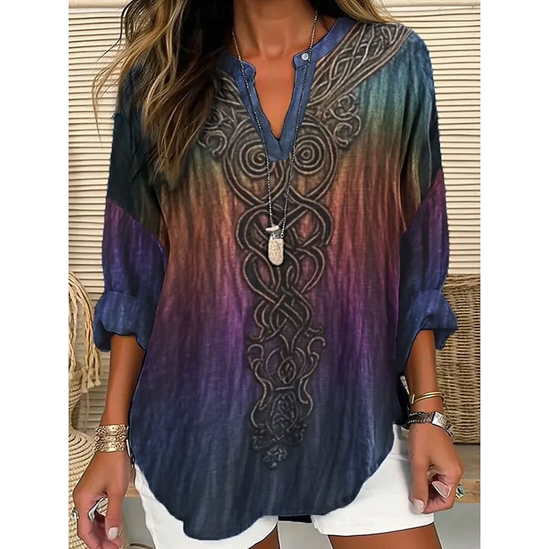Women's Blouse Ombre Graphic Geometric Vintage Tropical Hawaiian Long Sleeve V Neck Regular Tops Daily Holiday Vacation Wear Print Black Yellow Purple Spring Fall Winter