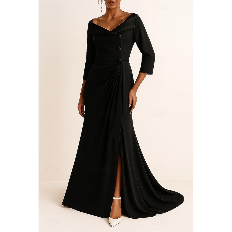 Tuxedo Dress A-Line Formal Wedding Guest Satin Crepe Elegant 3/4 Sleeve Pleated Floor Length V Neck4