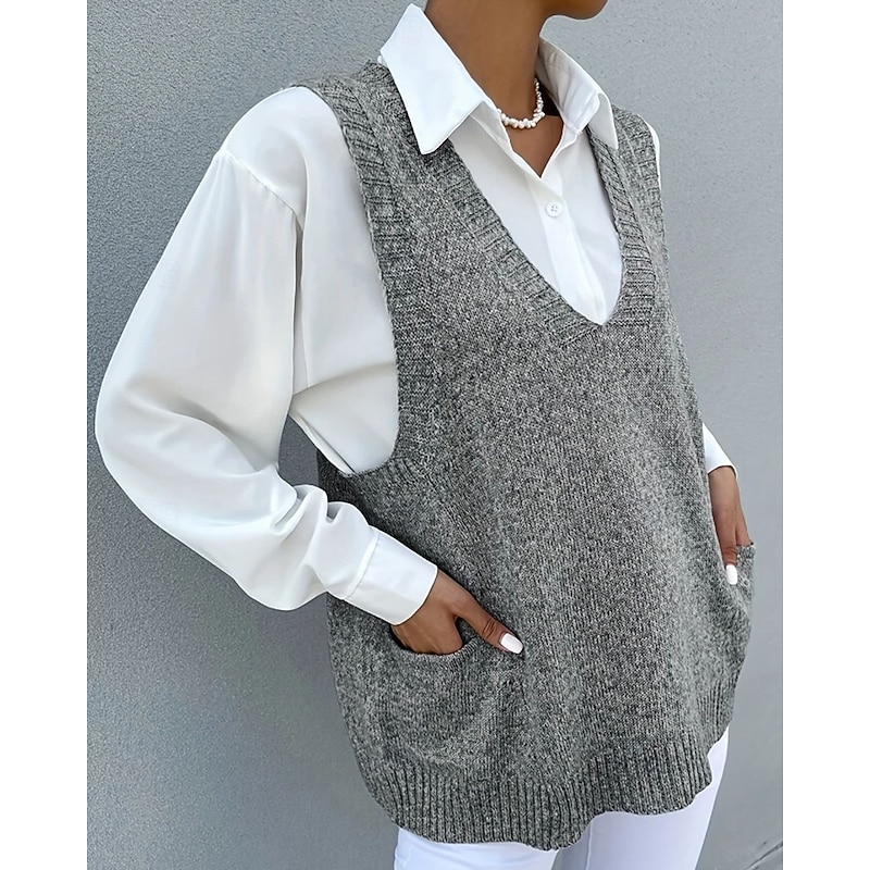 Women's Sweater Sweater Vest Streetwear Casual Solid Color V Neck Pocket Knitted Sleeveless Regular Tops Knit Daily Holiday Going out Black Khaki Fall Winter3