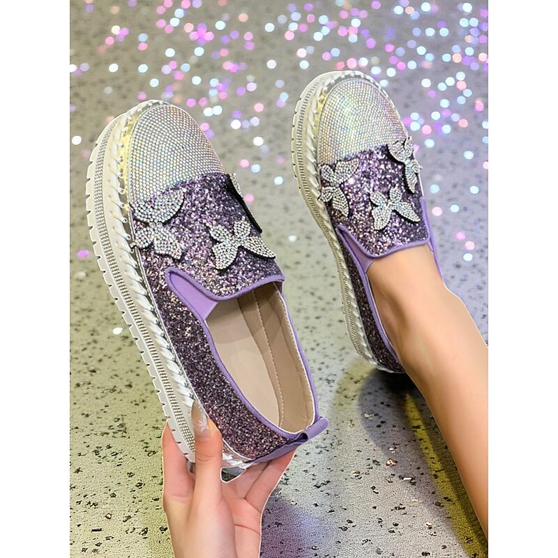 Women's Purple Glitter Slip-On Platform Sneakers with Rhinestone Butterfly Design - Trendy Nightlife Party and Clubwear Shoes3