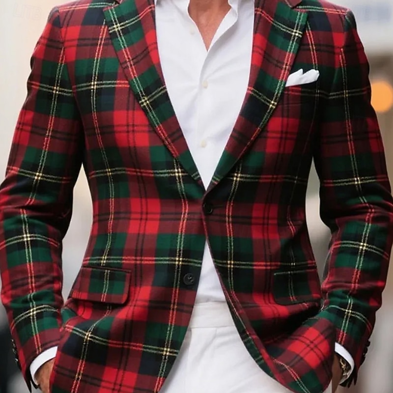 Men's Blazer Coat Outdoor Casual Casual Daily British Fall / Winter 100% Polyester Plaid 3D Print Buttons Thermal Warm Comfortable Single Breasted Blazer Red2