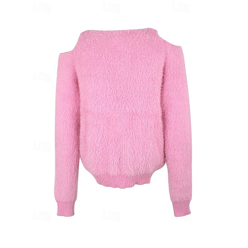 Women's Sweater Fashion Casual Soft Pure Color Ribbed Crew Neck Off Shoulder Knitted Cold Shoulder Long Sleeve Regular Tops Knit Outdoor Daily Weekend Pink Fall Winter2