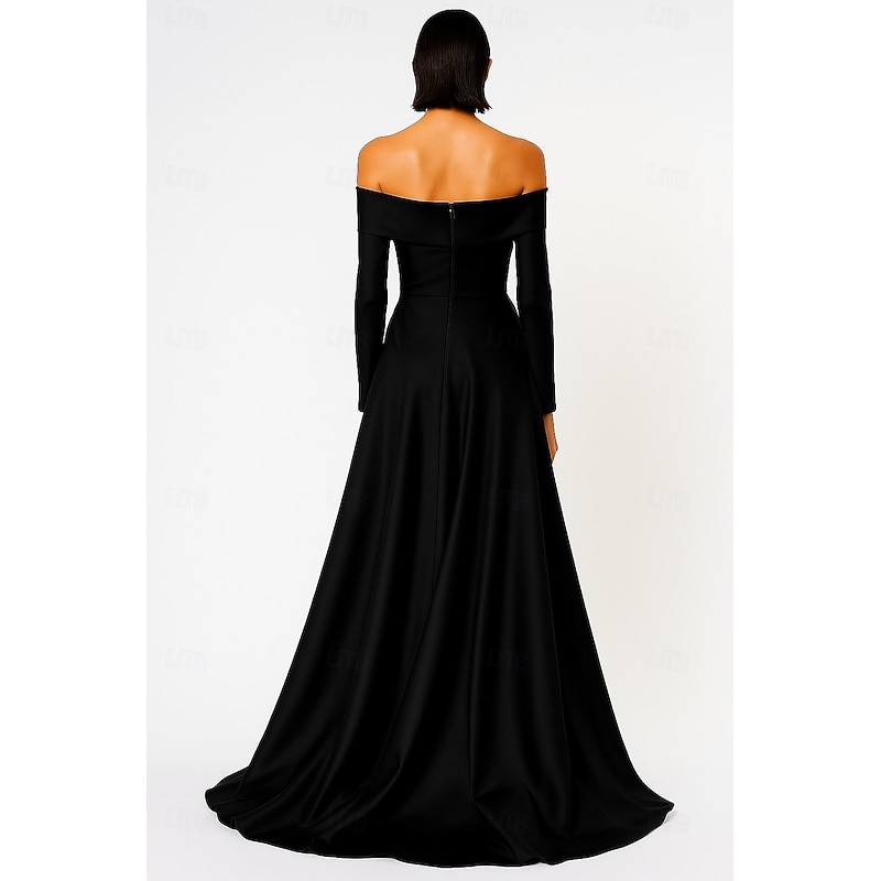 Blue Red Black A-Line Evening Gown Elegant Formal Dress Formal Wedding Floor Length Long Sleeve Off Shoulder Pocket Satin with Bow(s) 20253